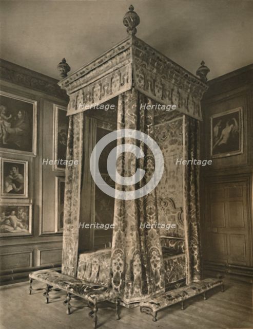 'Queen Anne's State Bedstead in Crimson and Gold Figured Velvet', 1927. Artists: Edward F Strange, Unknown.