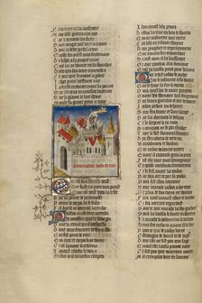 Queen Dido Killing Herself with a Sword; Roman de la Rose, about 1405. Creator: Unknown