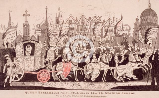 Queen Elizabeth I travelling by coach to St Paul's after the defeat of the Spanish Armada, c1840. Artist: Anon