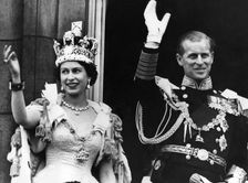 Queen Elizabeth II and the Duke of Edinburgh on their coronation day, Buckingham Palace, 1953