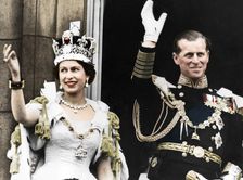Queen Elizabeth II and the Duke of Edinburgh on their coronation day, Buckingham Palace, 1953