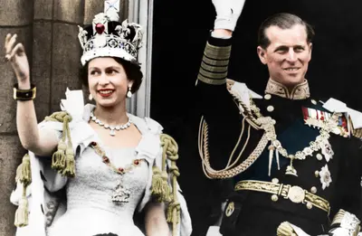 Gallery image of Queen Elizabeth II and the Duke of Edinburgh on their coronation day, Buckingham Palace, 1953. Artist: Unknown.
