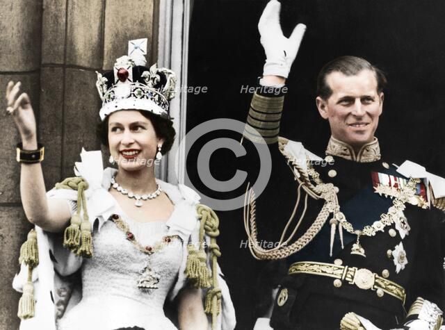 Queen Elizabeth II and the Duke of Edinburgh on their coronation day, Buckingham Palace, 1953. Artist: Unknown.