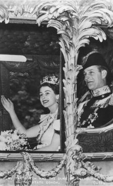 Queen Elizabeth II and Duke of Edinburgh in the State Coach, The Coronation, 2nd June 1953