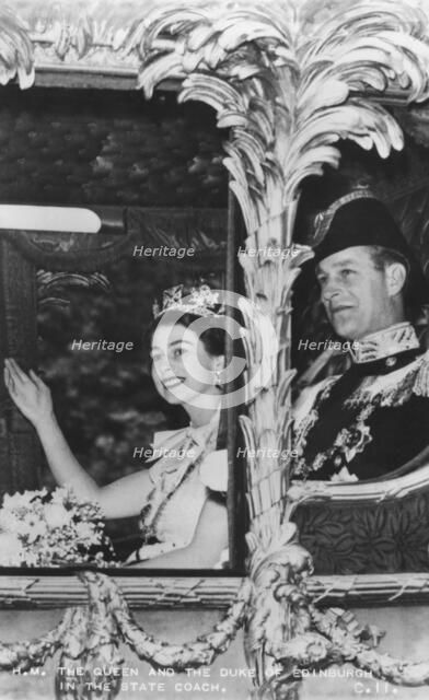 Queen Elizabeth II and Duke of Edinburgh in the State Coach, The Coronation, 2nd June 1953. Artist: Unknown
