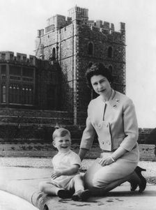 Queen Elizabeth II and Prince Andrew in the grounds of Windsor Castle, early 1960s. Creator: Unknown