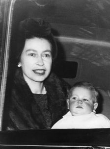 Queen Elizabeth II and Prince Edward in a car on the way to Buckingham Palace, January 1965