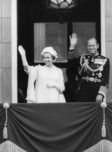 Queen Elizabeth II and Prince Philip on the balcony at Buckingham Palace, London, 1977