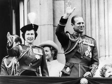 Queen Elizabeth II and Prince Philip at Buckingham Palace after the Trooping of the Colour, 1971