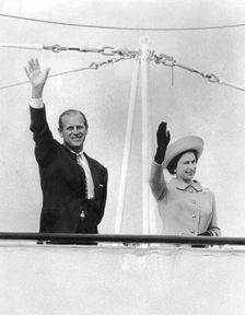 Queen Elizabeth II and Prince Philip wave goodbye to France from the yacht Britannia c1960s