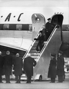 Queen Elizabeth II (b1926) arriving back in England from Kenya after the death of her father, 1952