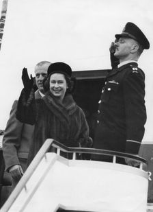 Queen Elizabeth II leaving London Airport for her tour of Fiji, New Zealand and Australia, 1963