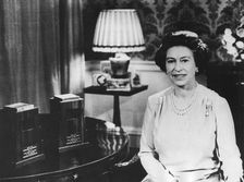 Queen Elizabeth II's Christmas Day broadcast, Regency Room, Buckingham Palace, c1950s. Creator: Unknown