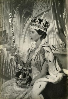 Queen Elizabeth II with crown, orb and sceptre, 2 June 1953, (1962). Creator: Unknown