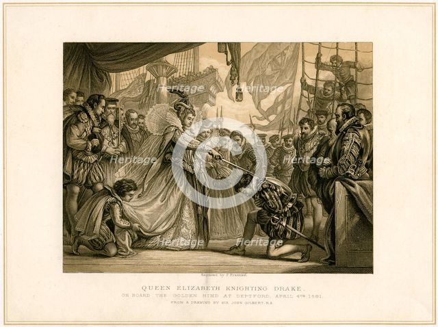 'Queen Elizabeth Knighting Drake on board the Golden Hind..., April 4th 1581', (19th century). Artist: F Fraenkel