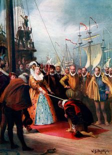 Queen Elizabeth Knighting Sir Francis Drake 1581, (c1920). Artist: WS Bagdatopulos