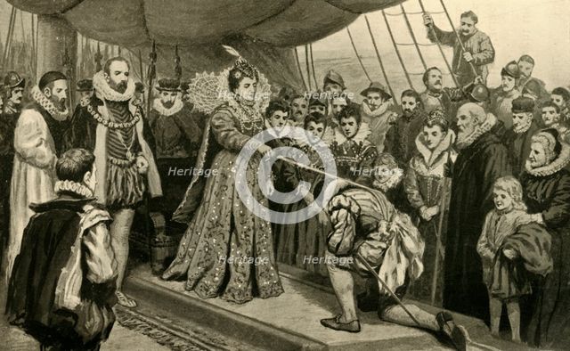 'Queen Elizabeth Knighting Sir Francis Drake', (1902).  Creator: Unknown.