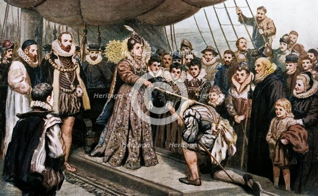 'Queen Elizabeth Knighting Sir Francis Drake', (1902).  Creator: Unknown.