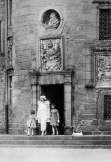 Queen Elizabeth with Princesses Elizabeth and Margaret Rose, Glamis Castle, Scotland, 1937. Creator: Unknown