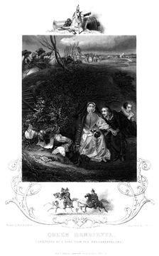 Queen Henrietta (1609-1669) sheltered by a bank from the parliamentarians, 19th century. Creator: J Rogers