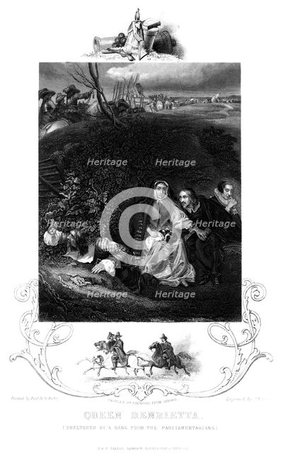 Queen Henrietta (1609-1669) sheltered by a bank from the parliamentarians, 19th century. Creator: J Rogers.