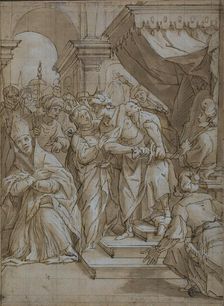 Queen Intervening to Spare the Life of a Bishop Saint, c.1634. Creator: Lazzaro Tavarone