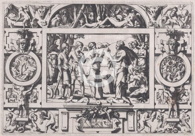 Queen Ino and the Husbandman (La reine Ino fait gâter la semence d'un an partout...), 1563. Creator: Rene Boyvin.