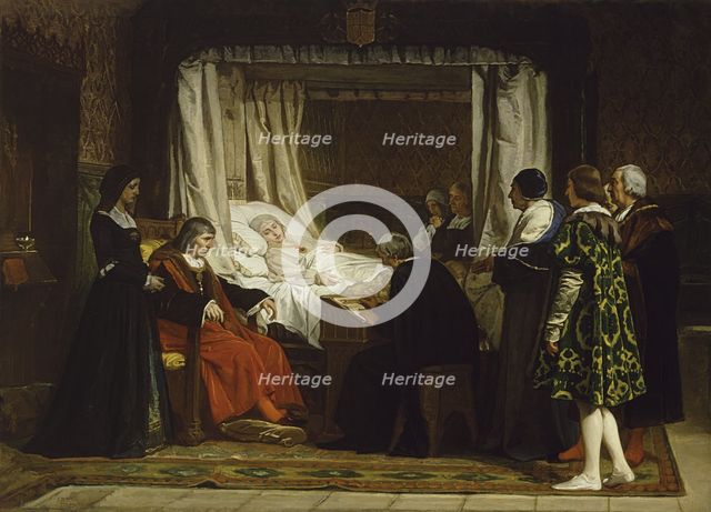 Queen Isabella I of Castile dictating her last will and testament, 1864. Artist: Rosales Gallina, Eduardo (1836-1873)