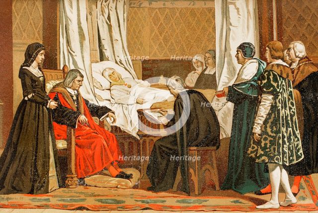 Queen Isabella the Catholic dictating her will, 1504, (1890). Creator: Unknown.