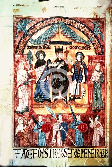 Queen Jimena and Alphonse III the Great (848-910) before the bishop Gorneus, miniature in the 'Bo…