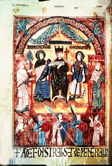 Queen Jimena and Alphonse III the Great (848-910) before the bishop Gorneus, miniature in the Bo…