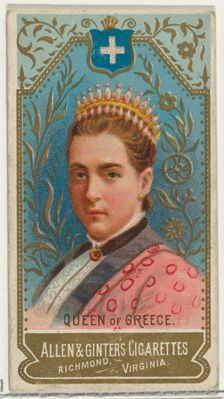 Queen of Greece, from World's Sovereigns series (N34) for Allen & Ginter Cigarettes, 1889., 1889. Creator: Allen & Ginter