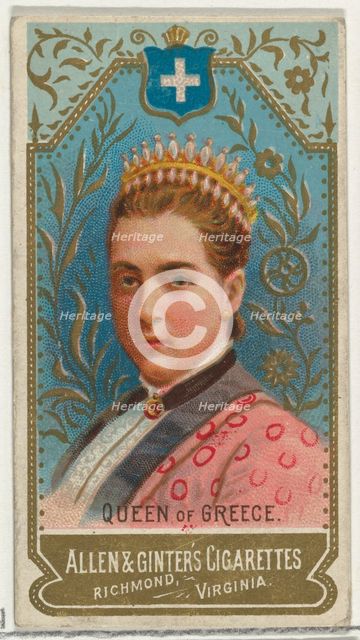 Queen of Greece, from World's Sovereigns series (N34) for Allen & Ginter Cigarettes, 1889., 1889. Creator: Allen & Ginter.