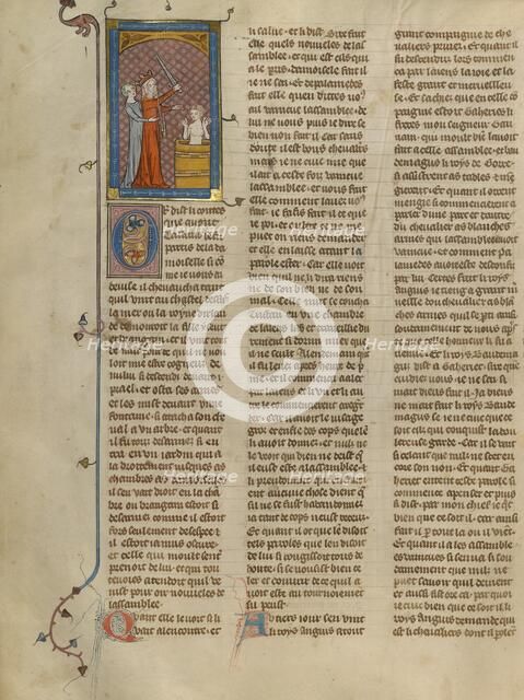 Queen of Ireland Restrained from Killing Tristan, about 1320-1340. Creator: Unknown.