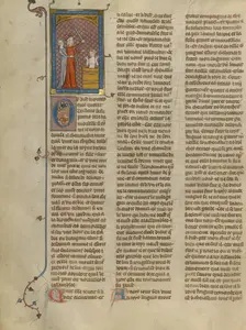 Queen of Ireland Restrained from Killing Tristan, about 1320-1340. Creator: Unknown