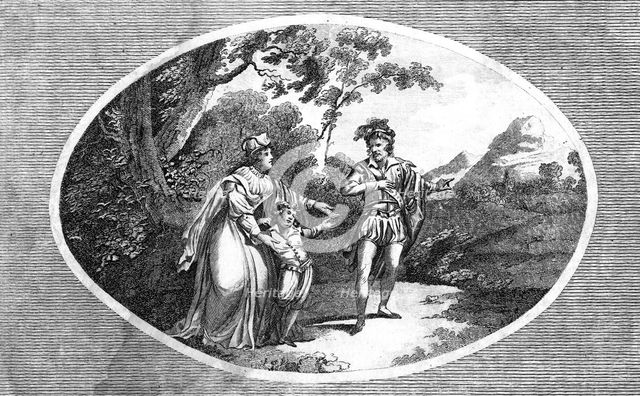 Queen Margaret presenting her son to a robber for protection.  Artist: Morris.