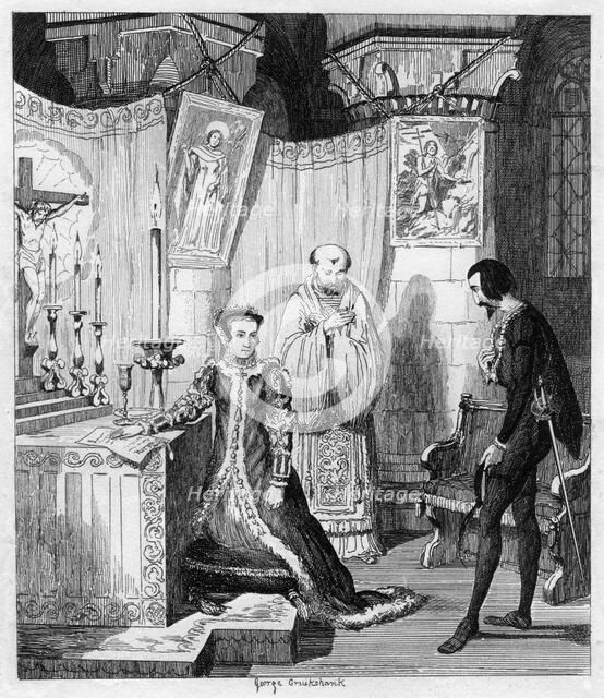 Queen Mary at the instance of Simon Renard affiancing herself to Philip of Spain, 1840. Artist: George Cruikshank