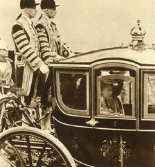 Queen Mary, in her coach of glass, accompanied by Queen Maud of Norway 1937