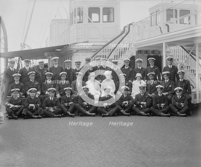 Queen Mary, King George V and crew on board 'HMY Victoria and Albert', 1925.  Creator: Kirk & Sons of Cowes.