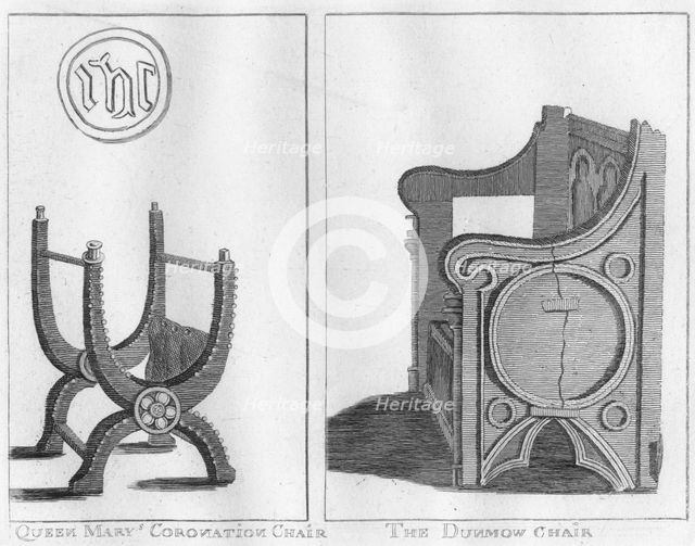 'Queen Mary's Coronation Chair', and 'The Dunmow Chair', c1790. Creator: Unknown.