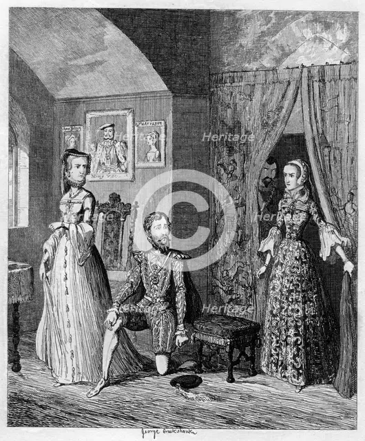 Queen Mary surprising Courtenay and the Princess Elizabeth, 1553-1555 (1840). Artist: George Cruikshank