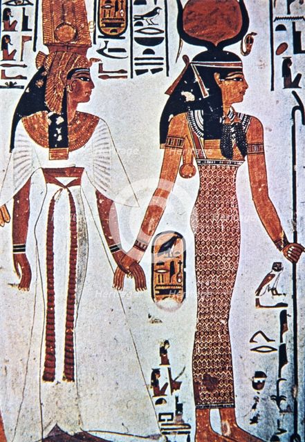 Queen Nefertari and the goddess Hathor, fresco in his tomb, belonging to XIX Dynasty.