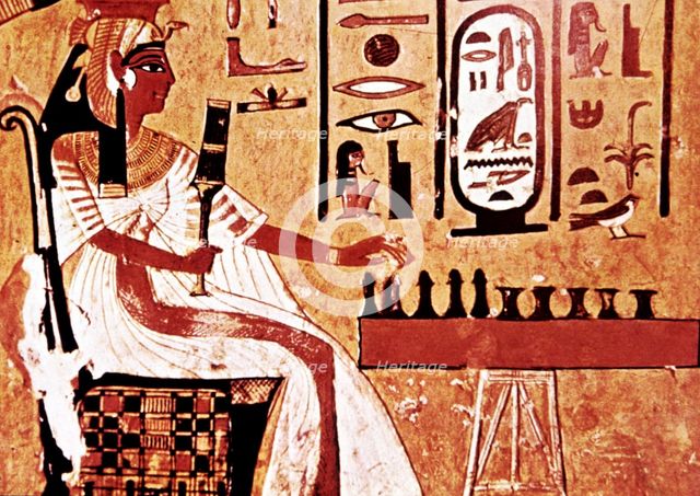 Queen Nefertari playing chess, fresco in her grave, belonging to the XIX Dynasty, in the Valley o…