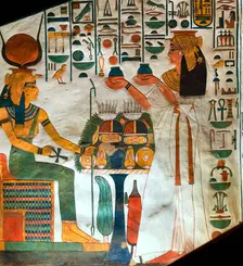 Queen Nefertari presenting offerings to the goddess Hathor, ca 1298-1235 BC. Creator: Ancient Egypt