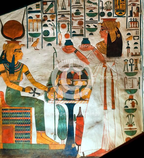 Queen Nefertari presenting offerings to the goddess Hathor, ca 1298-1235 BC. Creator: Ancient Egypt.
