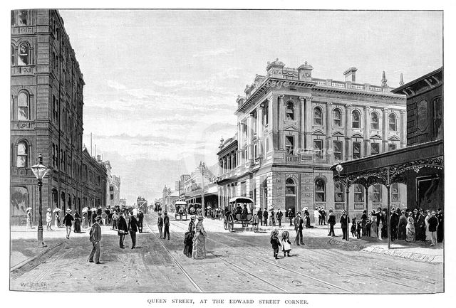 'Queen Street, at the Edward Street Corner', Brisbane, 1860, (1886). Artist: WC Fitler