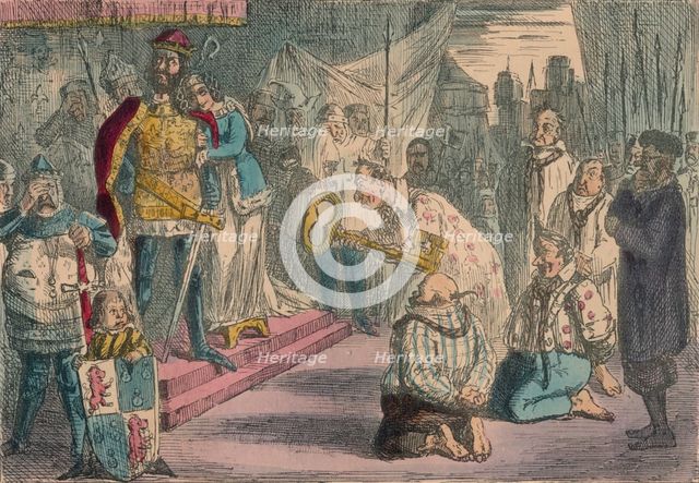 Queen Philippa interceding with Edward III for the Six Burgesses of Calais, 1850. Artist: John Leech