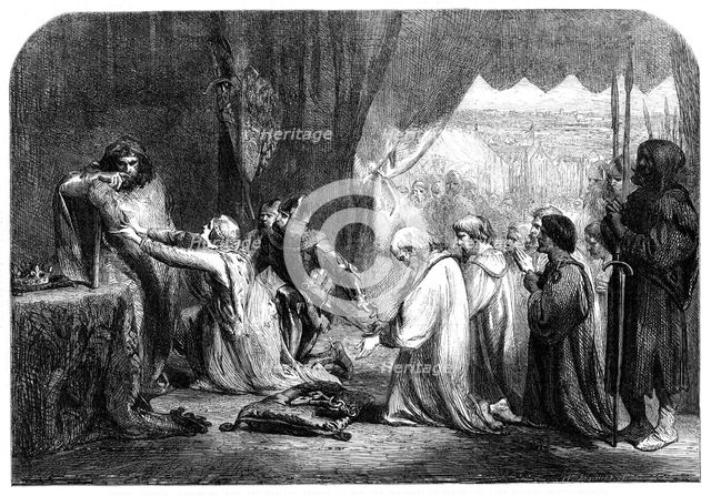 "Queen Philippa interceding with her husband Edward III. for the Burgesses of Calais"..., 1861. Creator: W Thomas.
