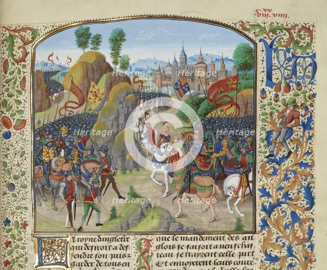 Queen Philippa of Hainault before the Battle of Neville's Cross on 17 October 1346, ca 1470-1475. Creator: Liédet, Loyset (1420-1479).