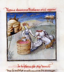 Queen Tomyris. From: Speculum Humanae Salvationis (Mirror of Human Salvation) by Ludolph of Saxony. Artist: Anonymous